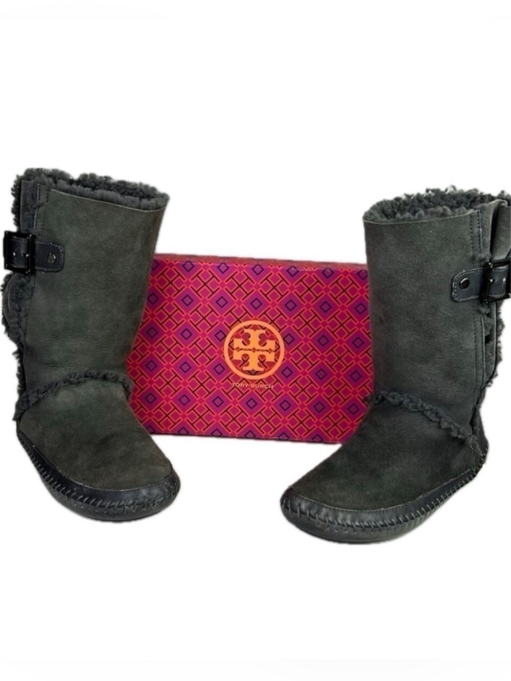 Tory Burch Moccasin Style Suede Shearling Boots with Buckles